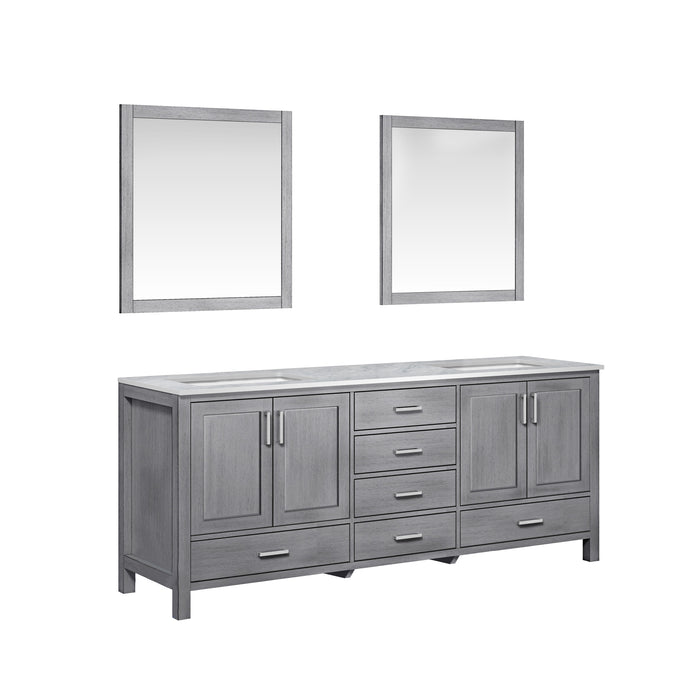 Lexora Jacques 80" Distressed Grey Double Vanity, White Carrara Marble Top, White Square Sinks and 30" Mirrors