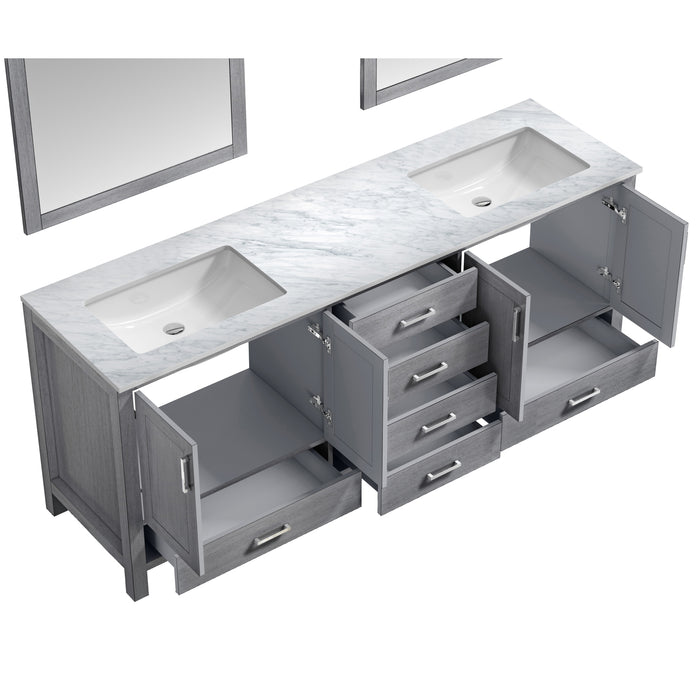 Lexora Jacques 80" Distressed Grey Double Vanity, White Carrara Marble Top, White Square Sinks and 30" Mirrors
