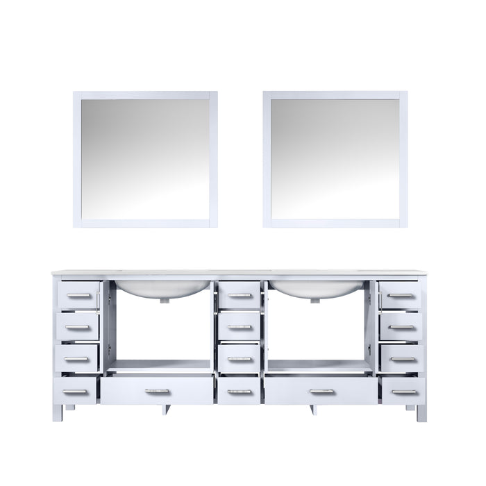 Lexora Jacques 84" White Double Vanity, White Carrara Marble Top, White Square Sinks and 34" Mirrors
