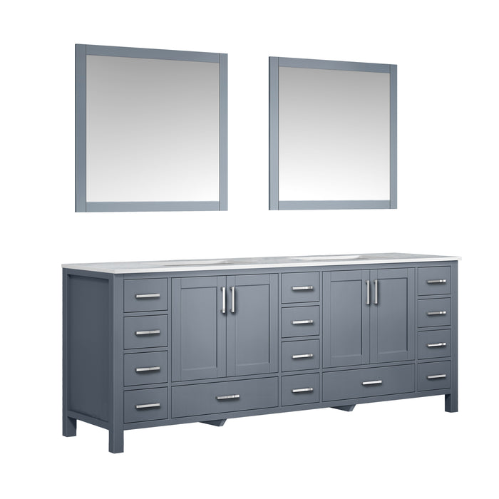 Lexora Jacques 84" Dark Grey Double Vanity, White Carrara Marble Top, White Square Sinks and 34" Mirrors