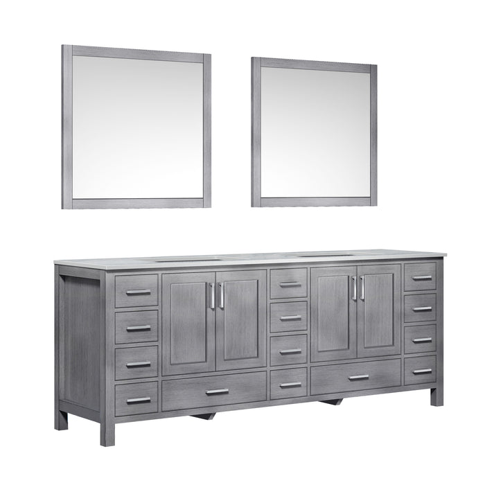 Lexora Jacques 84" Distressed Grey Double Vanity, White Carrara Marble Top, White Square Sinks and 34" Mirrors