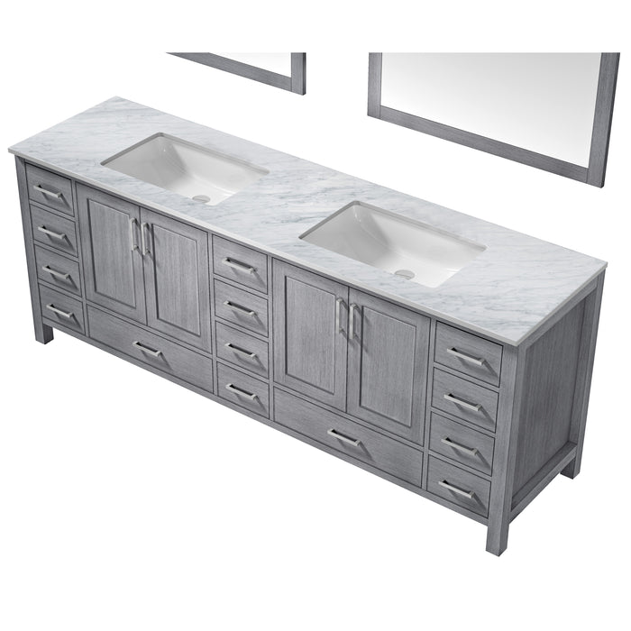 Lexora Jacques 84" Distressed Grey Double Vanity, White Carrara Marble Top, White Square Sinks and 34" Mirrors