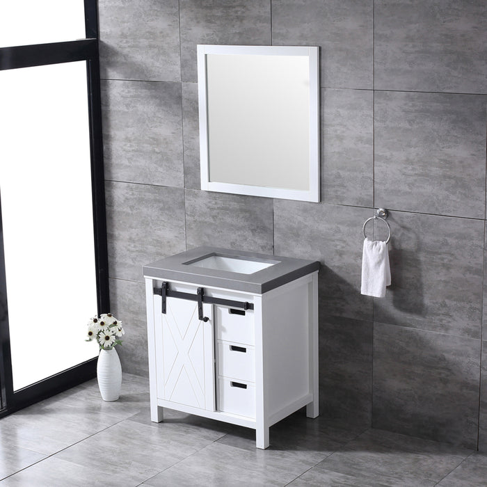Lexora Marsyas 30" White Single Vanity, Grey Quartz Top, White Square Sink and 28" Mirror