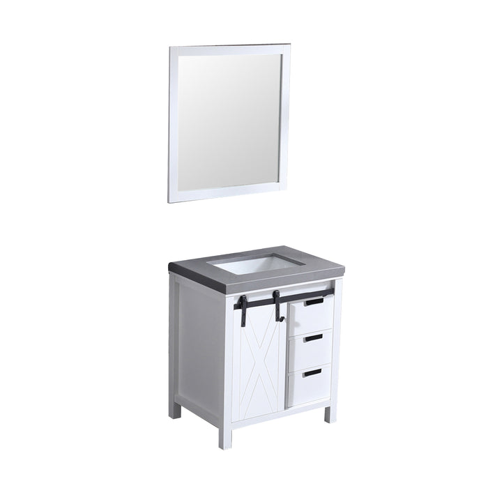 Lexora Marsyas 30" White Single Vanity, Grey Quartz Top, White Square Sink and 28" Mirror