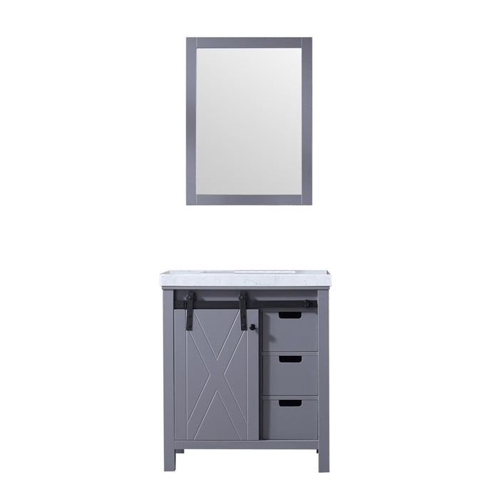 Lexora Marsyas 30" Dark Grey Single Vanity, White Carrara Marble Top, White Square Sink and 28" Mirror