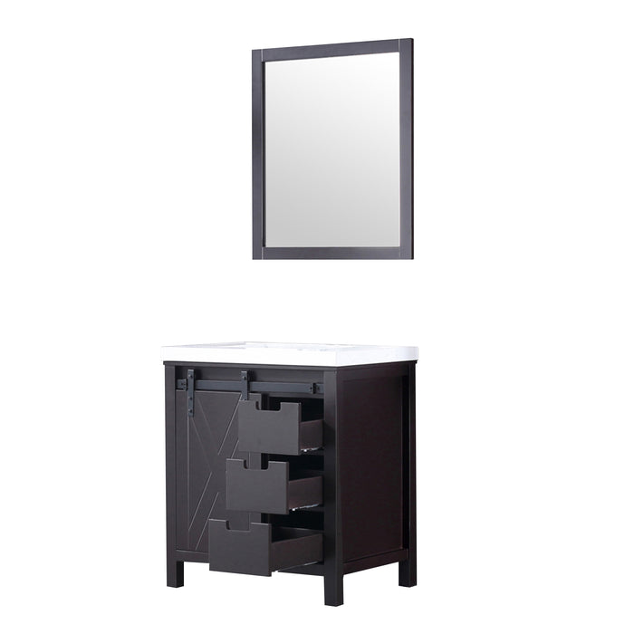 Lexora Marsyas 30" Brown Single Vanity, White Quartz Top, White Square Sink and 28" Mirror