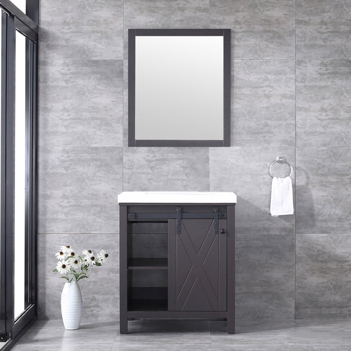 Lexora Marsyas 30" Brown Single Vanity, White Quartz Top, White Square Sink and 28" Mirror