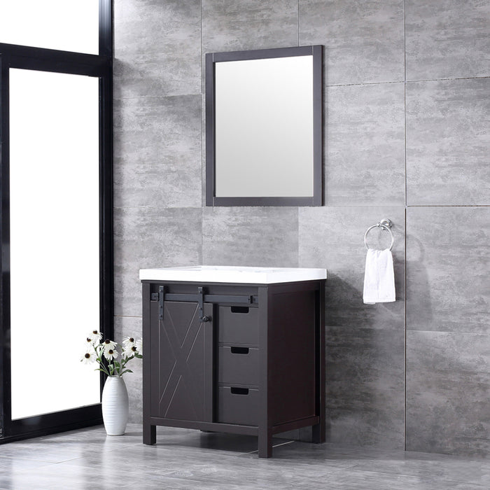 Lexora Marsyas 30" Brown Single Vanity, White Quartz Top, White Square Sink and 28" Mirror