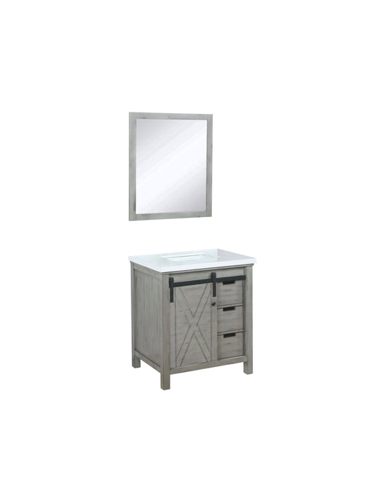 Lexora Marsyas 30" Ash Grey Single Vanity, White Quartz Top, White Square Sink and 28" Mirror