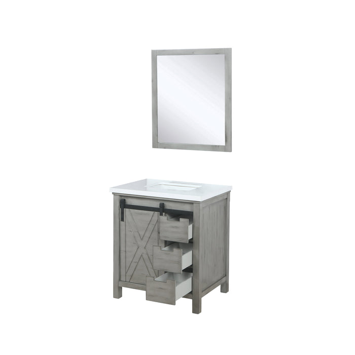 Lexora Marsyas 30" Ash Grey Single Vanity, White Quartz Top, White Square Sink and 28" Mirror