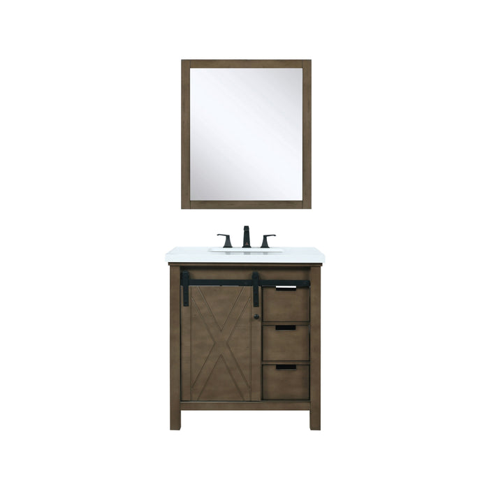 Lexora Marsyas 30" Rustic Brown Single Vanity, White Quartz Top, White Square Sink and 28" Mirror