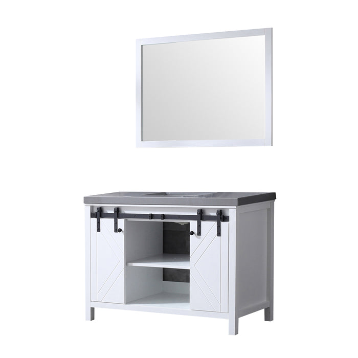 Lexora Marsyas 48" White Single Vanity, Grey Quartz Top, White Square Sink and 44" Mirror