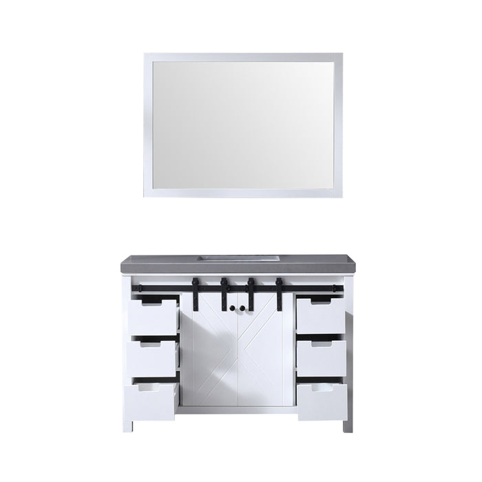 Lexora Marsyas 48" White Single Vanity, Grey Quartz Top, White Square Sink and 44" Mirror