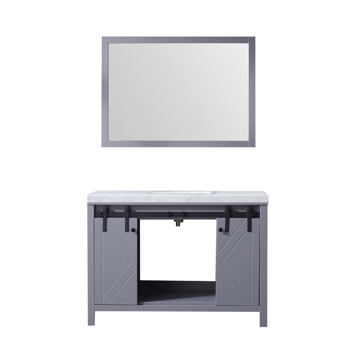 Lexora Marsyas 48" Dark Grey Single Vanity, White Carrara Marble Top, White Square Sink and 44" Mirror