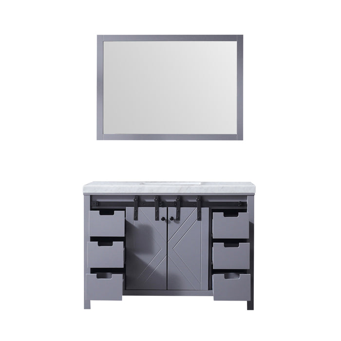 Lexora Marsyas 48" Dark Grey Single Vanity, White Carrara Marble Top, White Square Sink and 44" Mirror