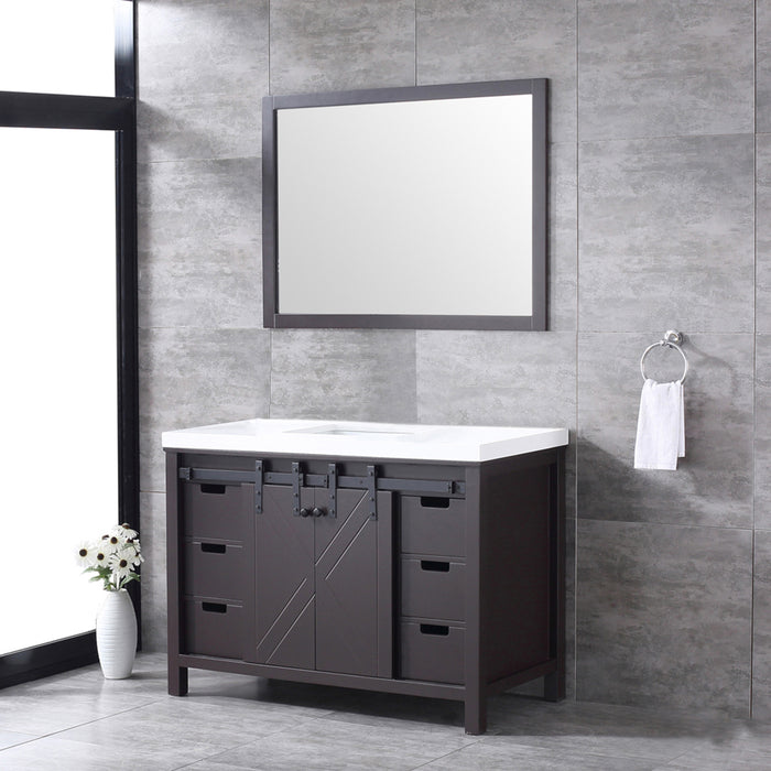 Lexora Marsyas 48" Brown Single Vanity, White Quartz Top, White Square Sink and 44" Mirror