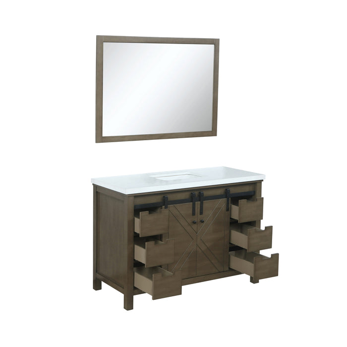 Lexora Marsyas 48" Rustic Brown Single Vanity, White Quartz Top, White Square Sink and 44" Mirror