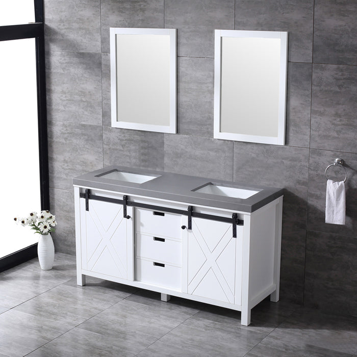 Lexora Marsyas 60" White Double Vanity, Grey Quartz Top, White Square Sinks and 24" Mirrors