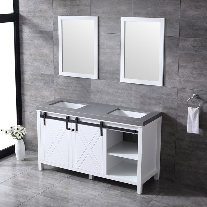 Lexora Marsyas 60" White Double Vanity, Grey Quartz Top, White Square Sinks and 24" Mirrors