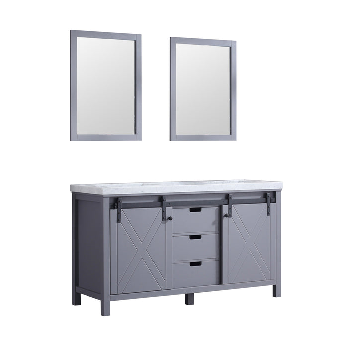 Lexora Marsyas 60" Dark Grey Double Vanity, White Carrara Marble Top, White Square Sinks and 24" Mirrors