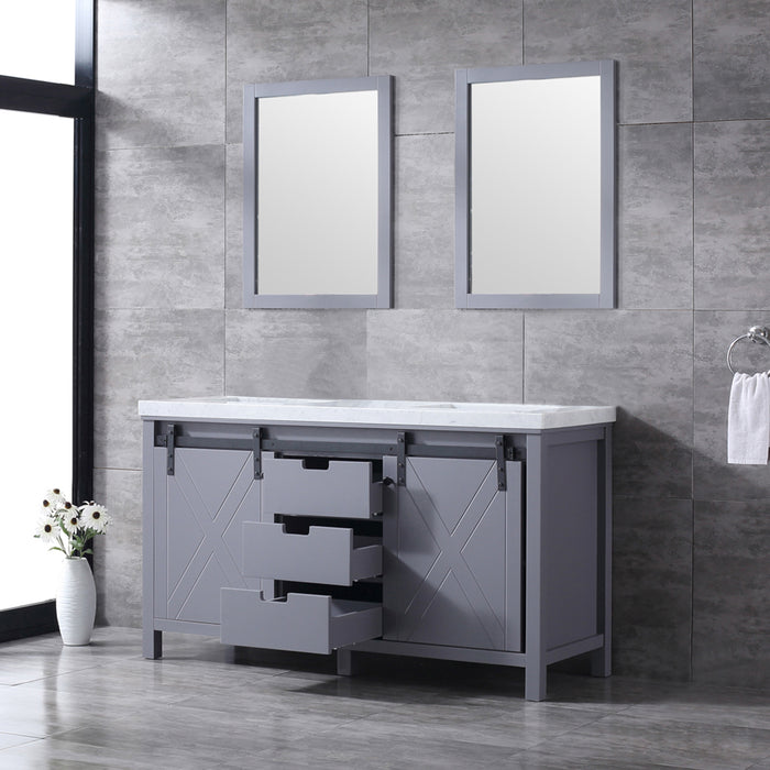 Lexora Marsyas 60" Dark Grey Double Vanity, White Carrara Marble Top, White Square Sinks and 24" Mirrors
