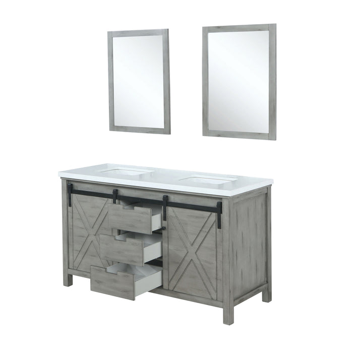 Lexora Marsyas 60" Ash Grey Double Vanity, White Quartz Top, White Square Sinks and 24" Mirrors