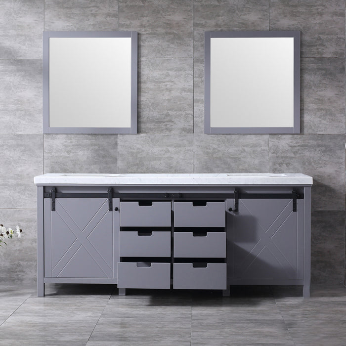 Lexora Marsyas 80" Dark Grey Double Vanity, White Carrara Marble Top, White Square Sinks and 30" Mirrors