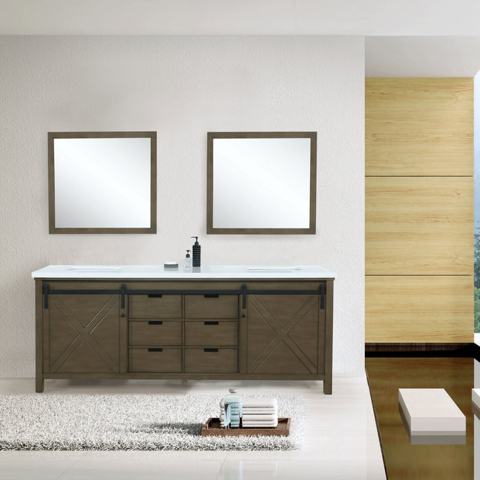 Lexora Marsyas 80" Rustic Brown Double Vanity, White Quartz Top, White Square Sinks and 30" Mirrors