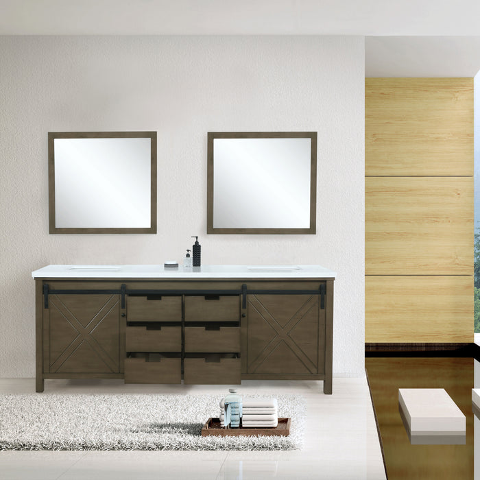 Lexora Marsyas 80" Rustic Brown Double Vanity, White Quartz Top, White Square Sinks and 30" Mirrors