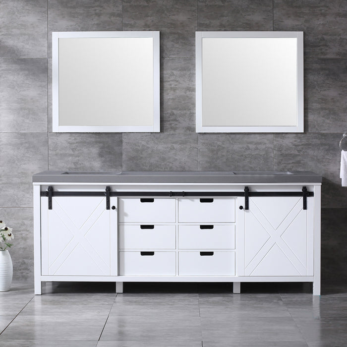 Lexora Marsyas 84" White Double Vanity, Grey Quartz Top, White Square Sinks and 34" Mirrors