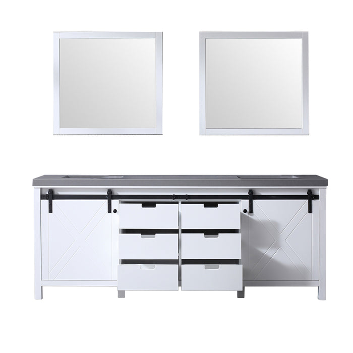 Lexora Marsyas 84" White Double Vanity, Grey Quartz Top, White Square Sinks and 34" Mirrors