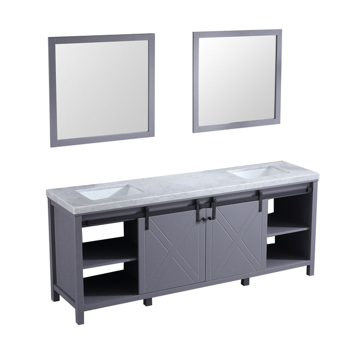 Lexora Marsyas 84" Dark Grey Double Vanity, White Carrara Marble Top, White Square Sinks and 34" Mirrors