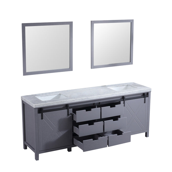 Lexora Marsyas 84" Dark Grey Double Vanity, White Carrara Marble Top, White Square Sinks and 34" Mirrors
