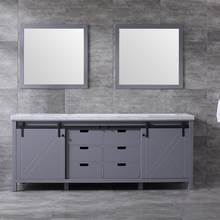 Lexora Marsyas 84" Dark Grey Double Vanity, White Carrara Marble Top, White Square Sinks and 34" Mirrors