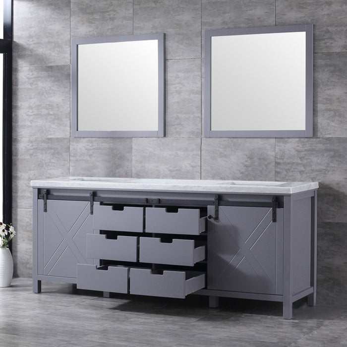 Lexora Marsyas 84" Dark Grey Double Vanity, White Carrara Marble Top, White Square Sinks and 34" Mirrors