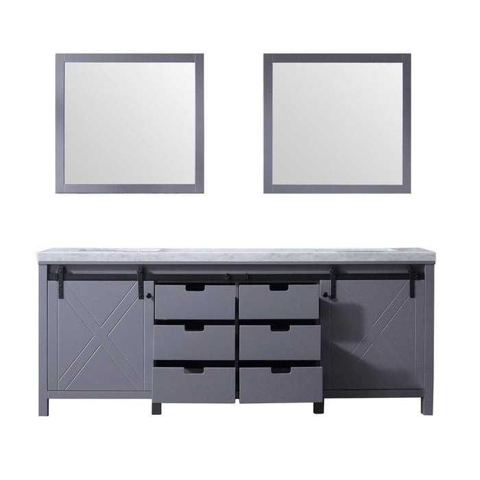 Lexora Marsyas 84" Dark Grey Double Vanity, White Carrara Marble Top, White Square Sinks and 34" Mirrors