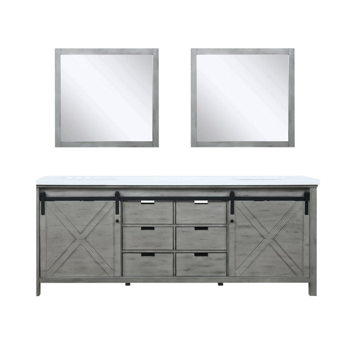 Lexora Marsyas 84" Ash Grey Double Vanity, White Quartz Top, White Square Sinks and 34" Mirrors