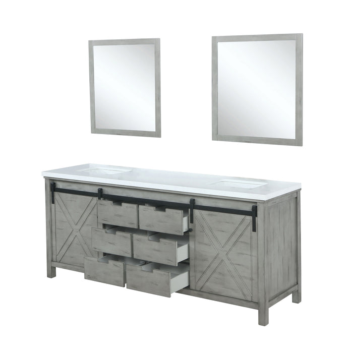 Lexora Marsyas 84" Ash Grey Double Vanity, White Quartz Top, White Square Sinks and 34" Mirrors