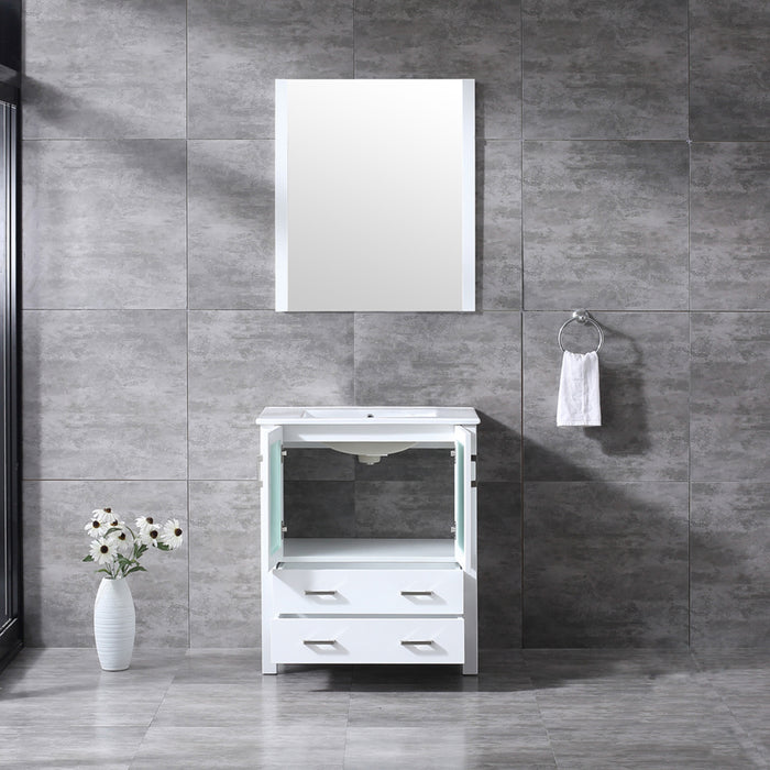 Lexora Volez 30" White Single Vanity, Integrated Top, White Integrated Square Sink and 28" Mirror