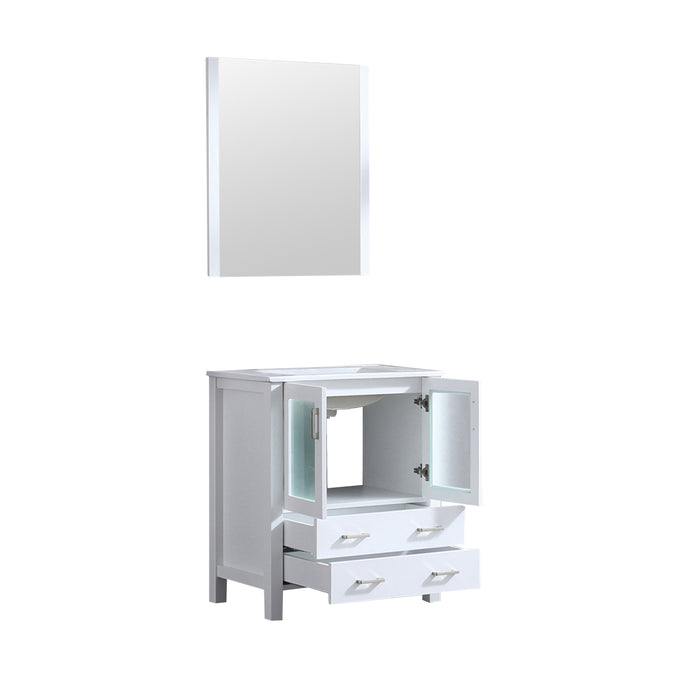 Lexora Volez 30" White Single Vanity, Integrated Top, White Integrated Square Sink and 28" Mirror