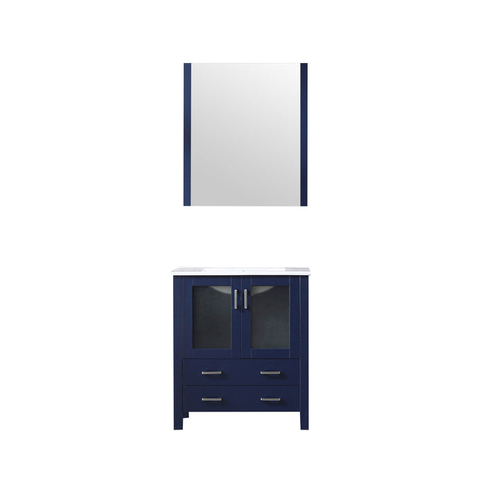 Lexora Volez 30" Navy Blue Single Vanity, Integrated Top, White Integrated Square Sink and 28" Mirror