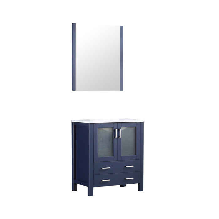 Lexora Volez 30" Navy Blue Single Vanity, Integrated Top, White Integrated Square Sink and 28" Mirror