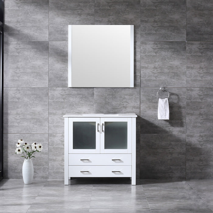Lexora Volez 36" White Single Vanity, Integrated Top, White Integrated Square Sink and 34" Mirror