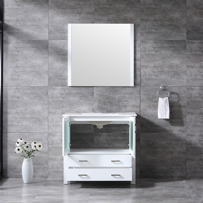 Lexora Volez 36" White Single Vanity, Integrated Top, White Integrated Square Sink and 34" Mirror