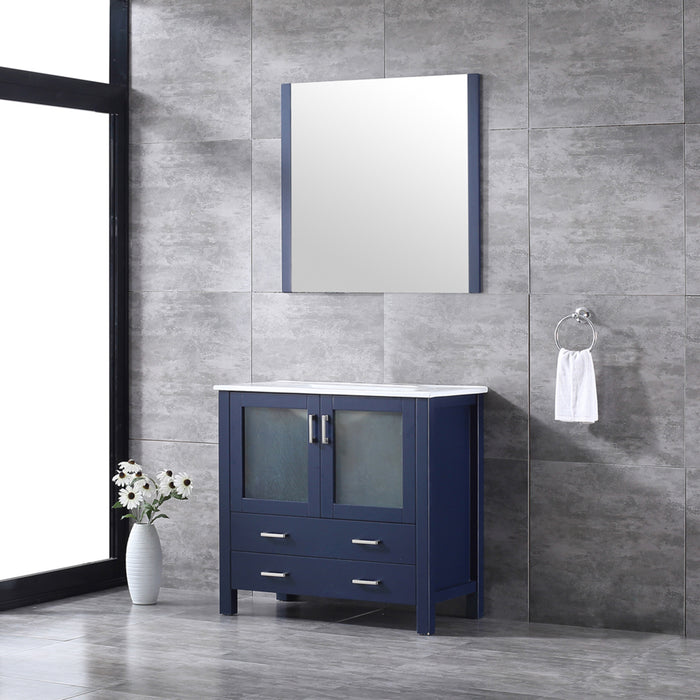 Lexora Volez 36" Navy Blue Single Vanity, Integrated Top, White Integrated Square Sink and 34" Mirror