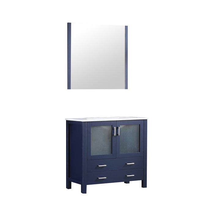 Lexora Volez 36" Navy Blue Single Vanity, Integrated Top, White Integrated Square Sink and 34" Mirror