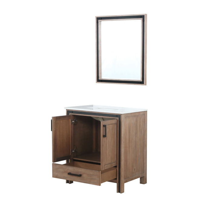 Lexora Ziva 30" Rustic Barnwood Single Vanity, Cultured Marble Top, White Square Sink and 28" Mirror