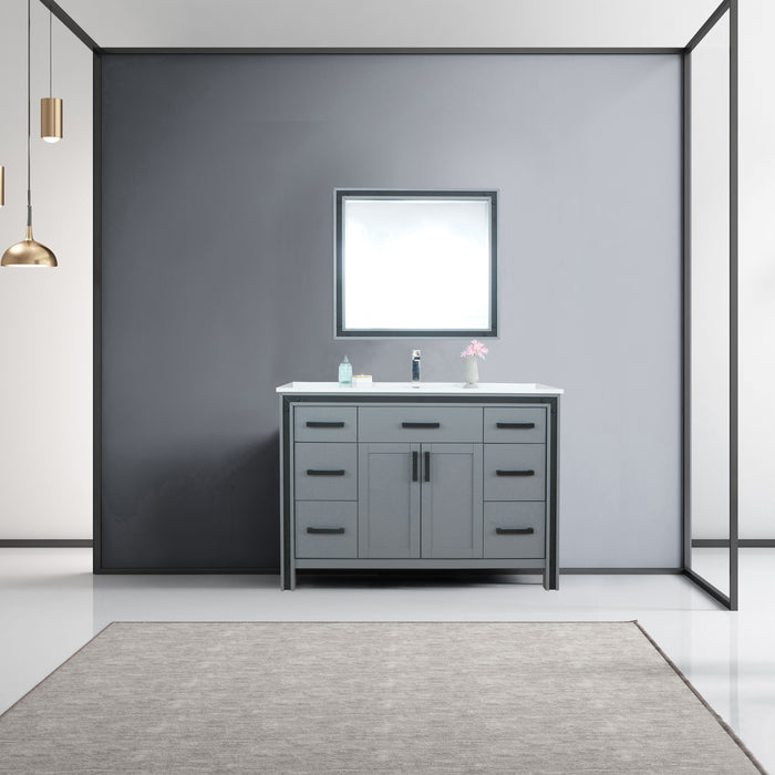 Lexora Ziva 48" Dark Grey Single Vanity, Cultured Marble Top, White Square Sink and 34" Mirror w/ Faucet
