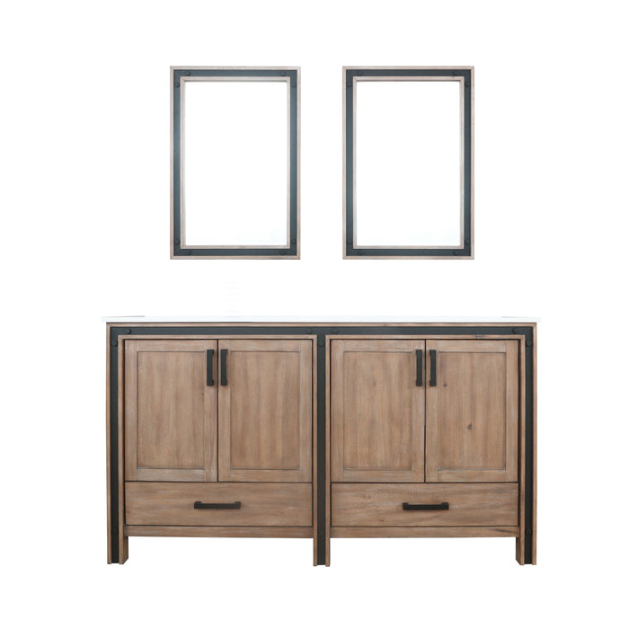 Lexora Ziva 60" Rustic Barnwood Double Vanity, Cultured Marble Top, White Square Sink and 22" Mirrors