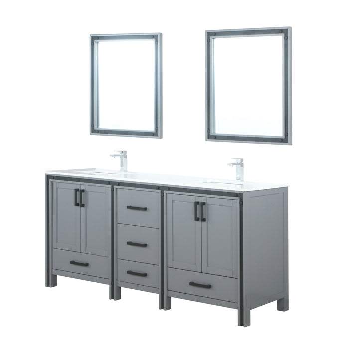 Lexora Ziva 72" Dark Grey Double Vanity, Cultured Marble Top, White Square Sink and 30" Mirrors w/ Faucet